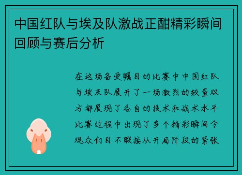 中国红队与埃及队激战正酣精彩瞬间回顾与赛后分析