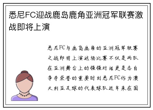 悉尼FC迎战鹿岛鹿角亚洲冠军联赛激战即将上演