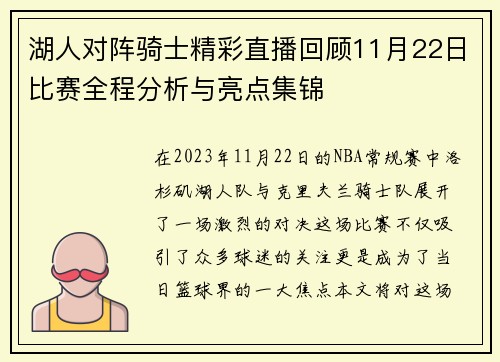 湖人对阵骑士精彩直播回顾11月22日比赛全程分析与亮点集锦