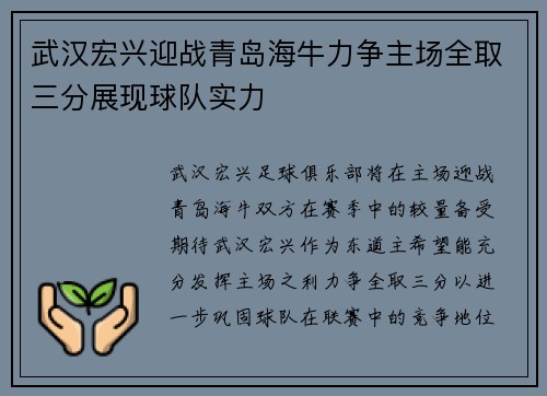 武汉宏兴迎战青岛海牛力争主场全取三分展现球队实力