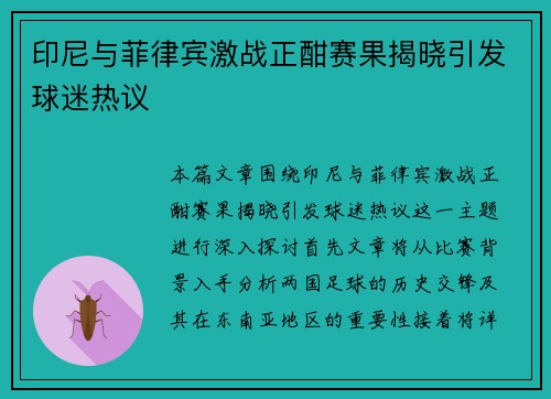 印尼与菲律宾激战正酣赛果揭晓引发球迷热议