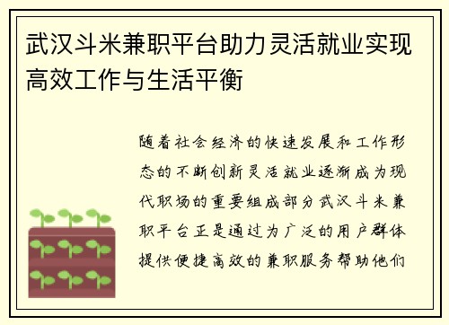 武汉斗米兼职平台助力灵活就业实现高效工作与生活平衡