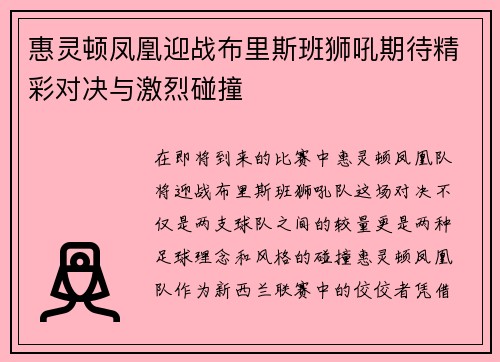 惠灵顿凤凰迎战布里斯班狮吼期待精彩对决与激烈碰撞