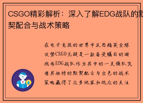 CSGO精彩解析：深入了解EDG战队的默契配合与战术策略